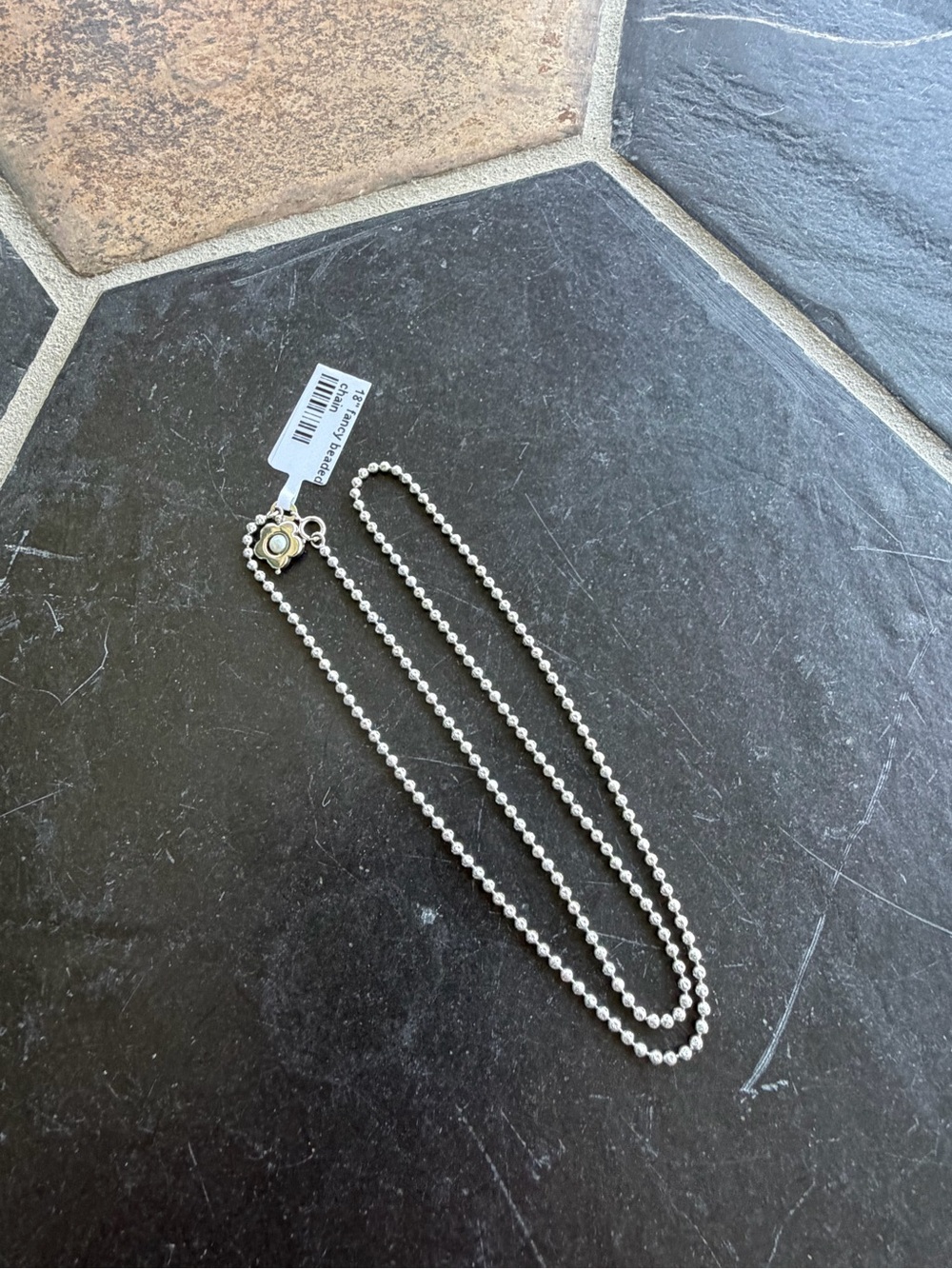 14kt. White Gold Solid Bead Chain Necklace with flower and pearl on clasp 18”